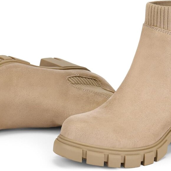 Womens Chelsea Boots Elastic Ankle Booties Chunky Mid Heel Lug Sole Slip On Fall - Picture 1 of 5